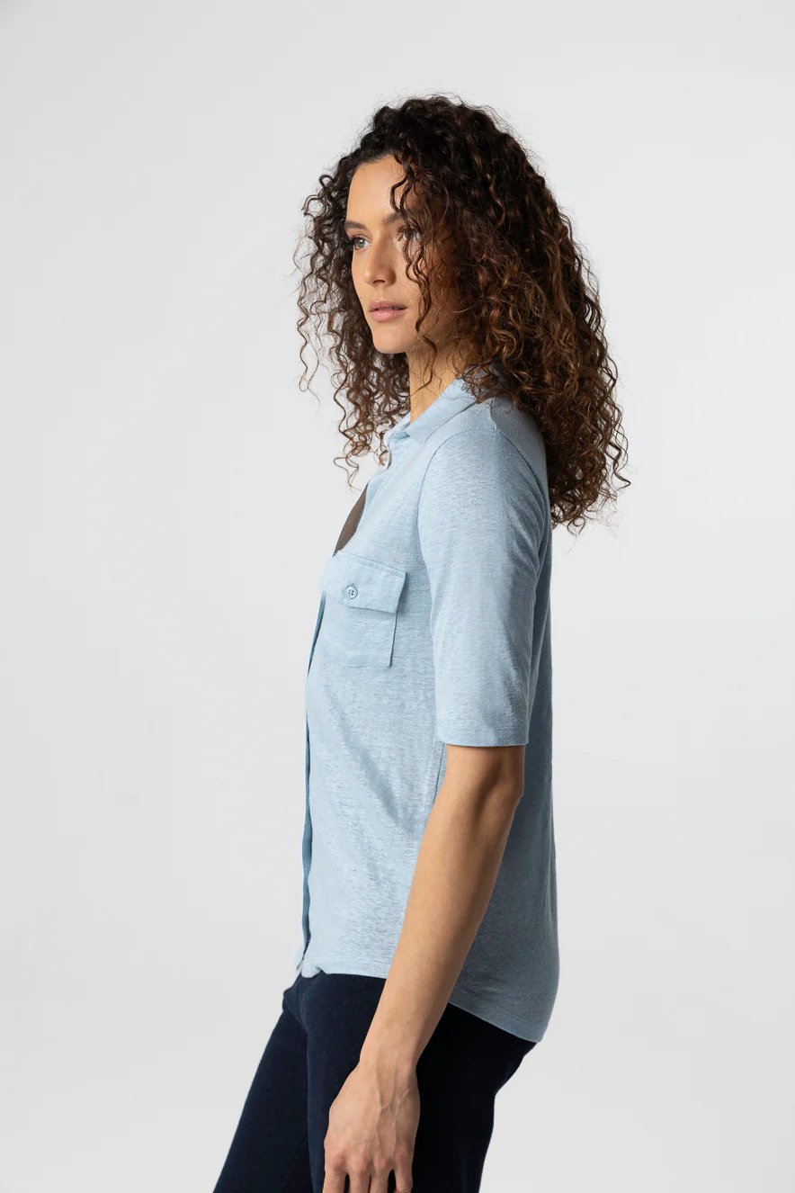 Chemise Bleu Clair Col Chemise Manches trois quarts en Lin / Elasthanne - Image 3
