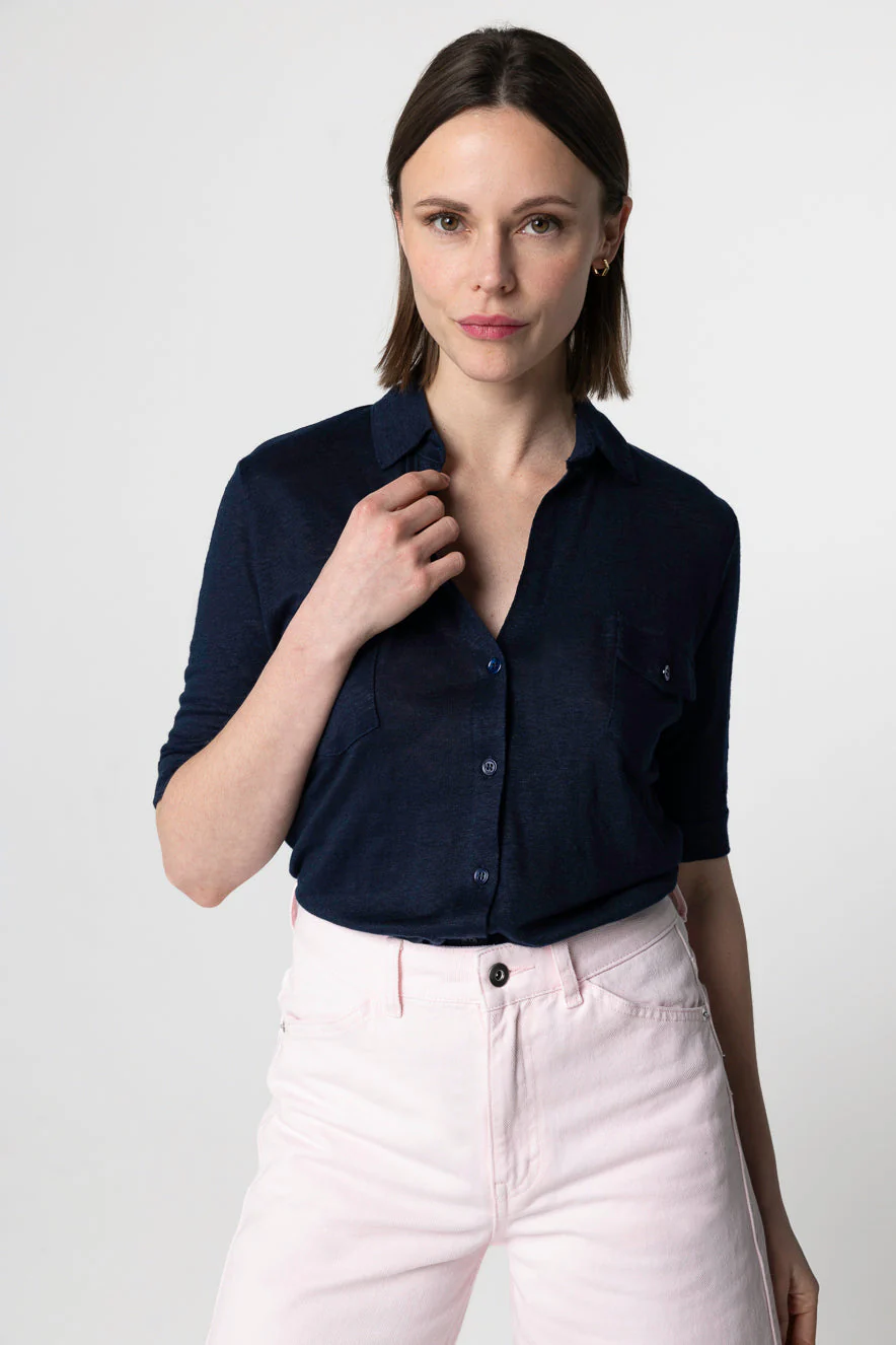 Chemise Marine Manches Coudes en Lin / Elasthanne - Image 3