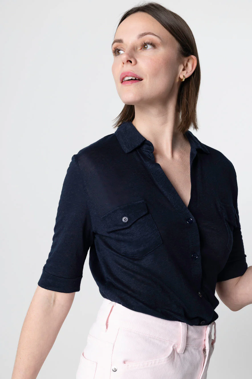 Chemise Marine Manches Coudes en Lin / Elasthanne - Image 4