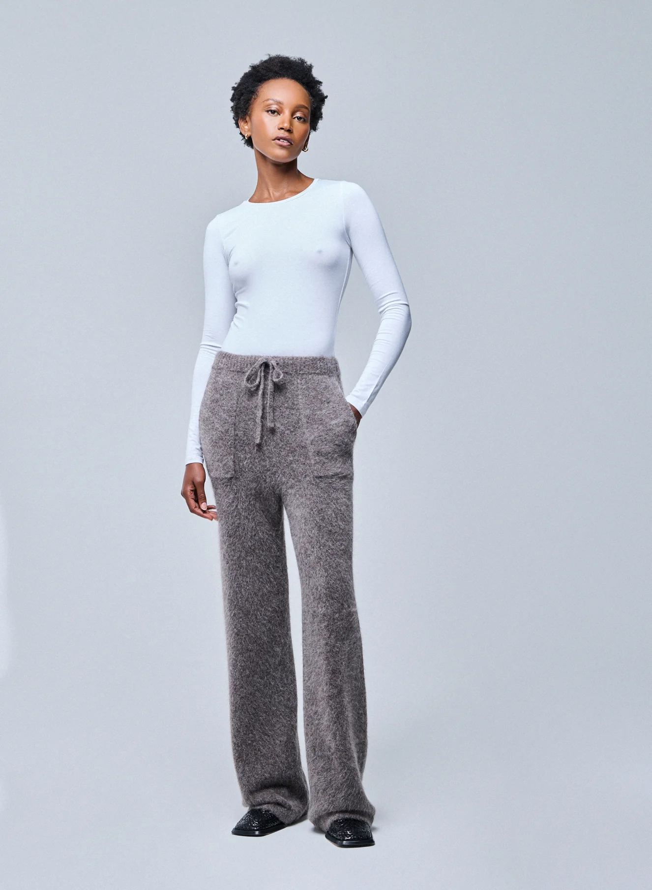 T-shirt Blanc Col Rond Manches Longues en Viscose / Élasthanne - Image 5