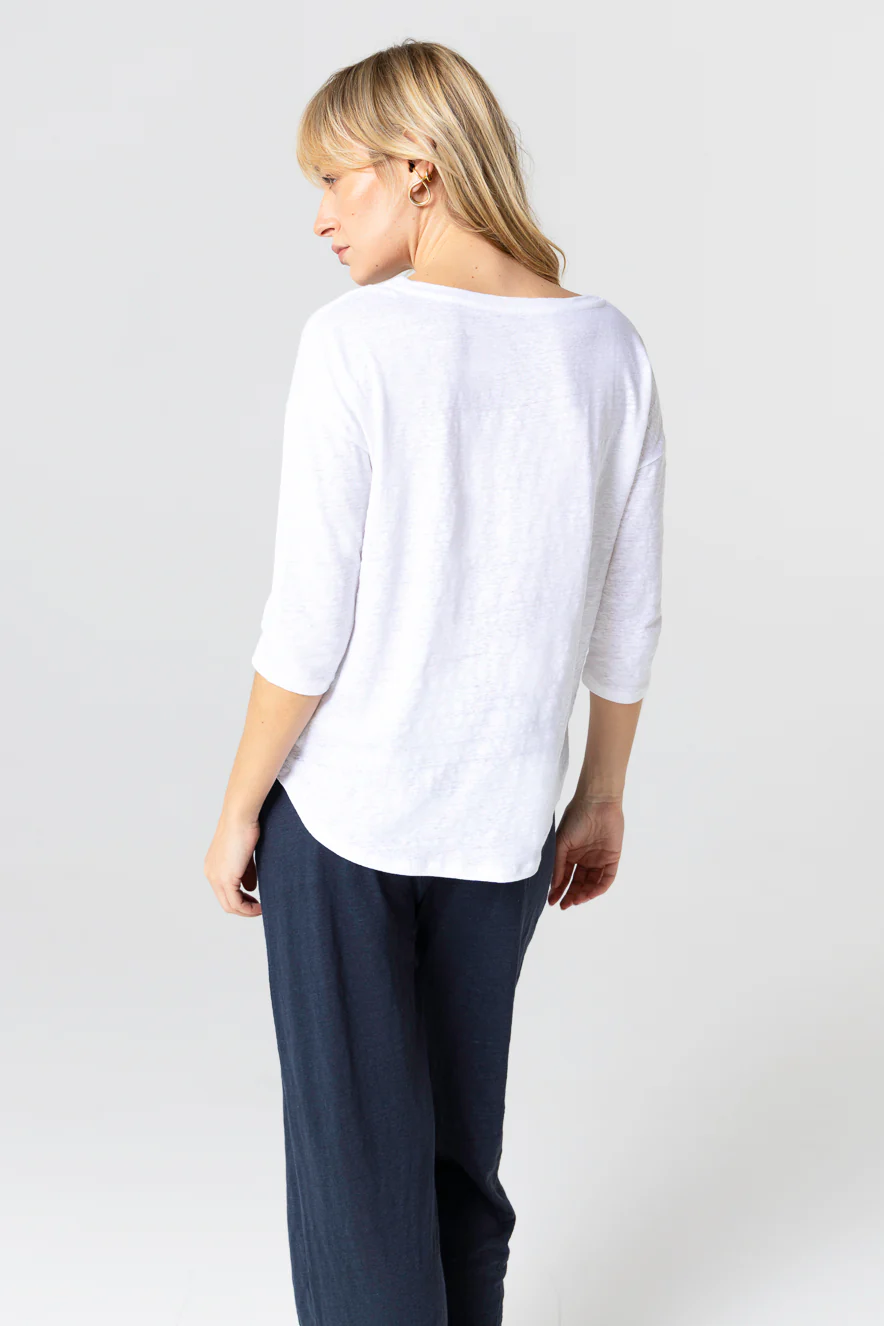 T-shirt Blanc Col Bateau Manches Trois quarts en Lin / Elasthanne - Image 3