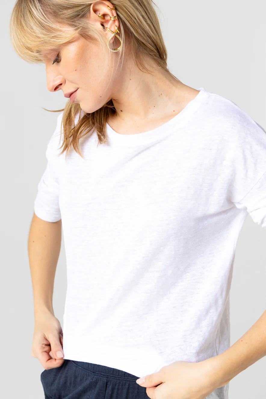 T-shirt Blanc Col Bateau Manches Trois quarts en Lin / Elasthanne - Image 5