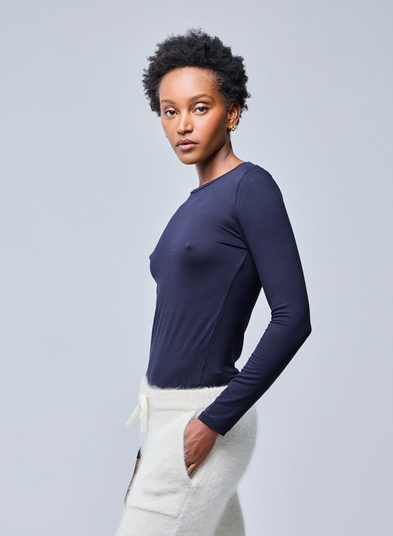 T-shirt Marine Col Rond Manches Longues en Viscose / Élasthanne - Image 3