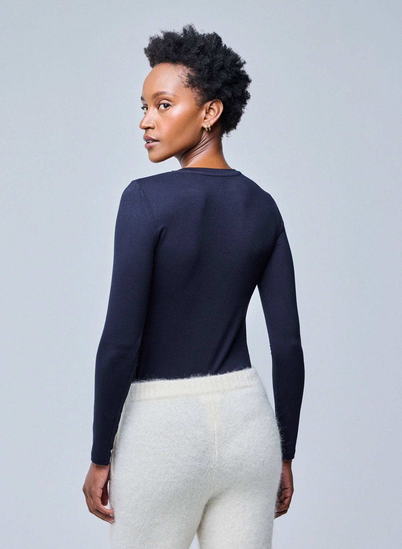 T-shirt Marine Col Rond Manches Longues en Viscose / Élasthanne - Image 4