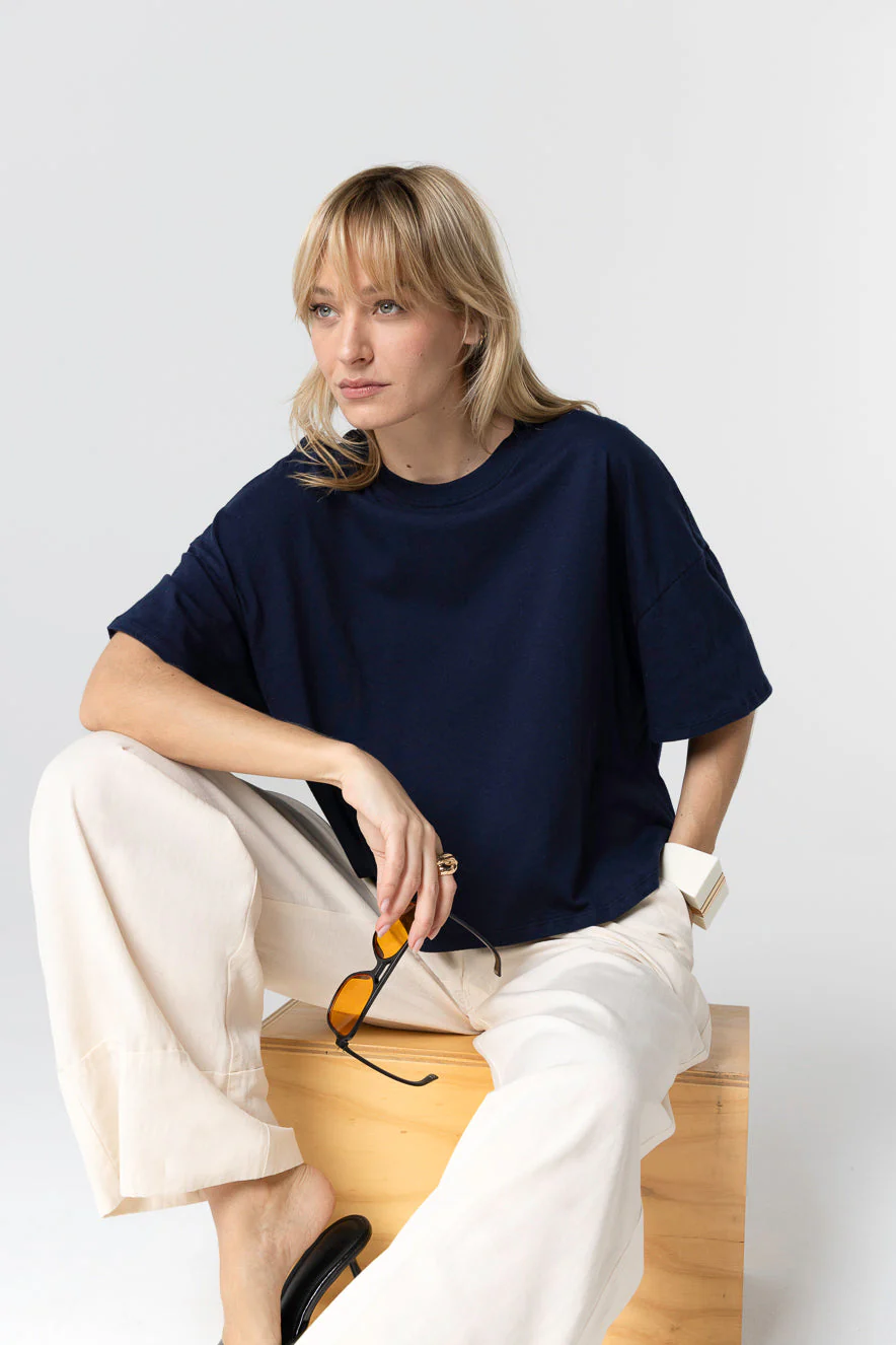 T-shirt Marine Col Rond Manches Courtes en Coton Organique - Image 5