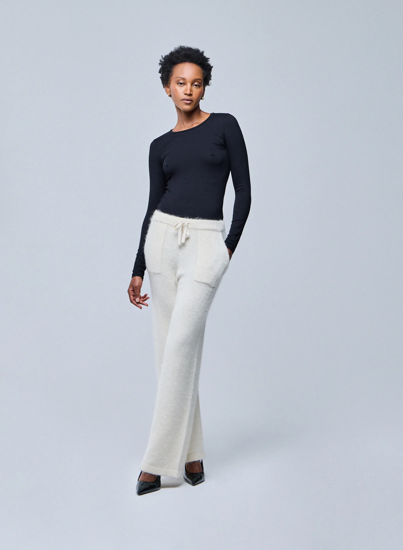 T-shirt Noir Col Rond Manches Longues en Viscose / Élasthanne - Image 4