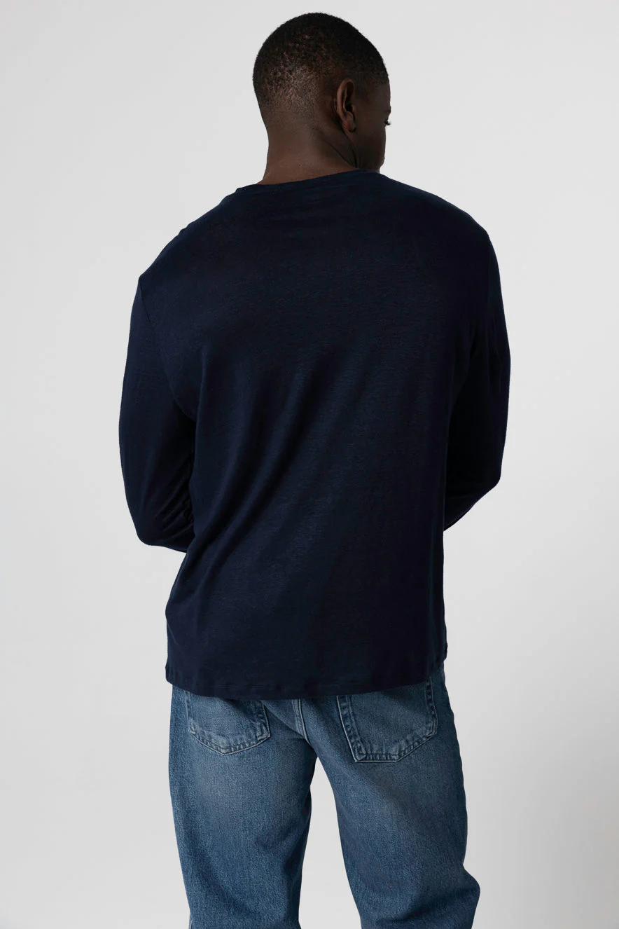 T-shirt Marine Col Rond Manches Longues en Lin / Elasthanne - Image 3