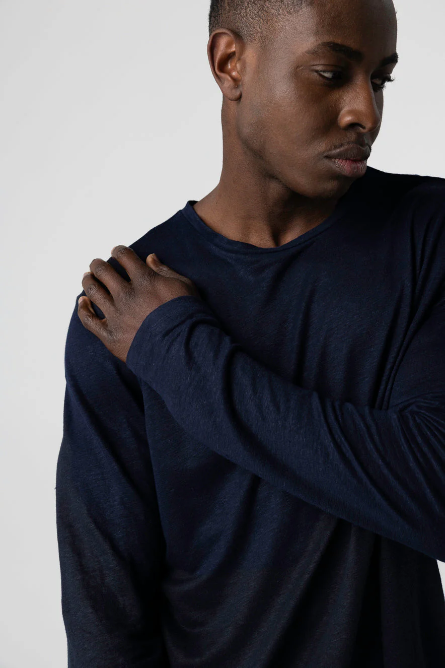 T-shirt Marine Col Rond Manches Longues en Lin / Elasthanne - Image 4