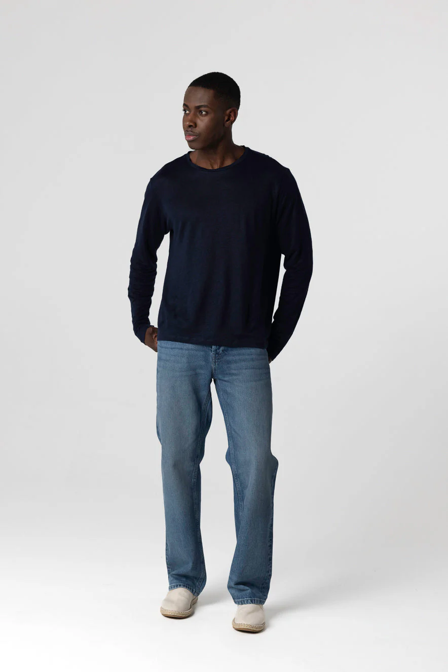 T-shirt Marine Col Rond Manches Longues en Lin / Elasthanne - Image 5