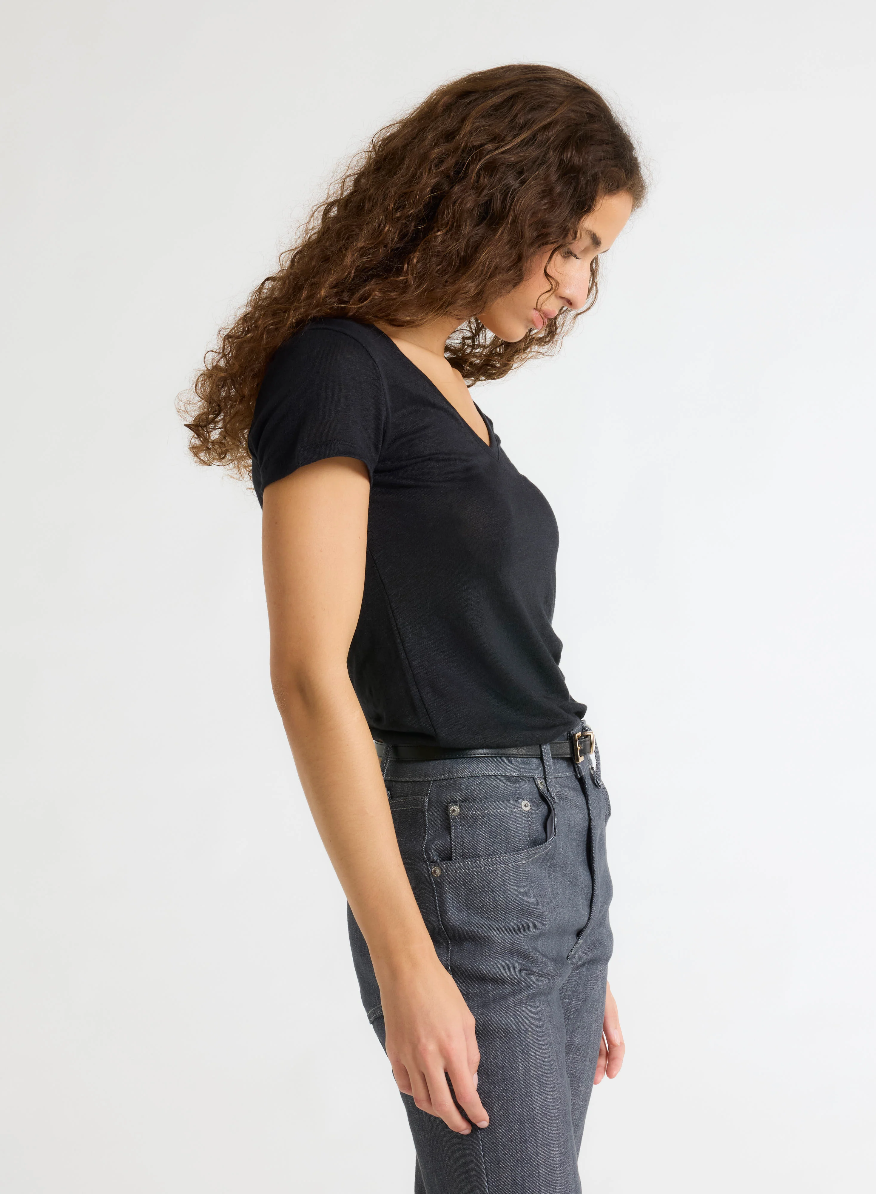 T-shirt Noir Manches Courtes Col V en Lin / Elasthanne - Image 3