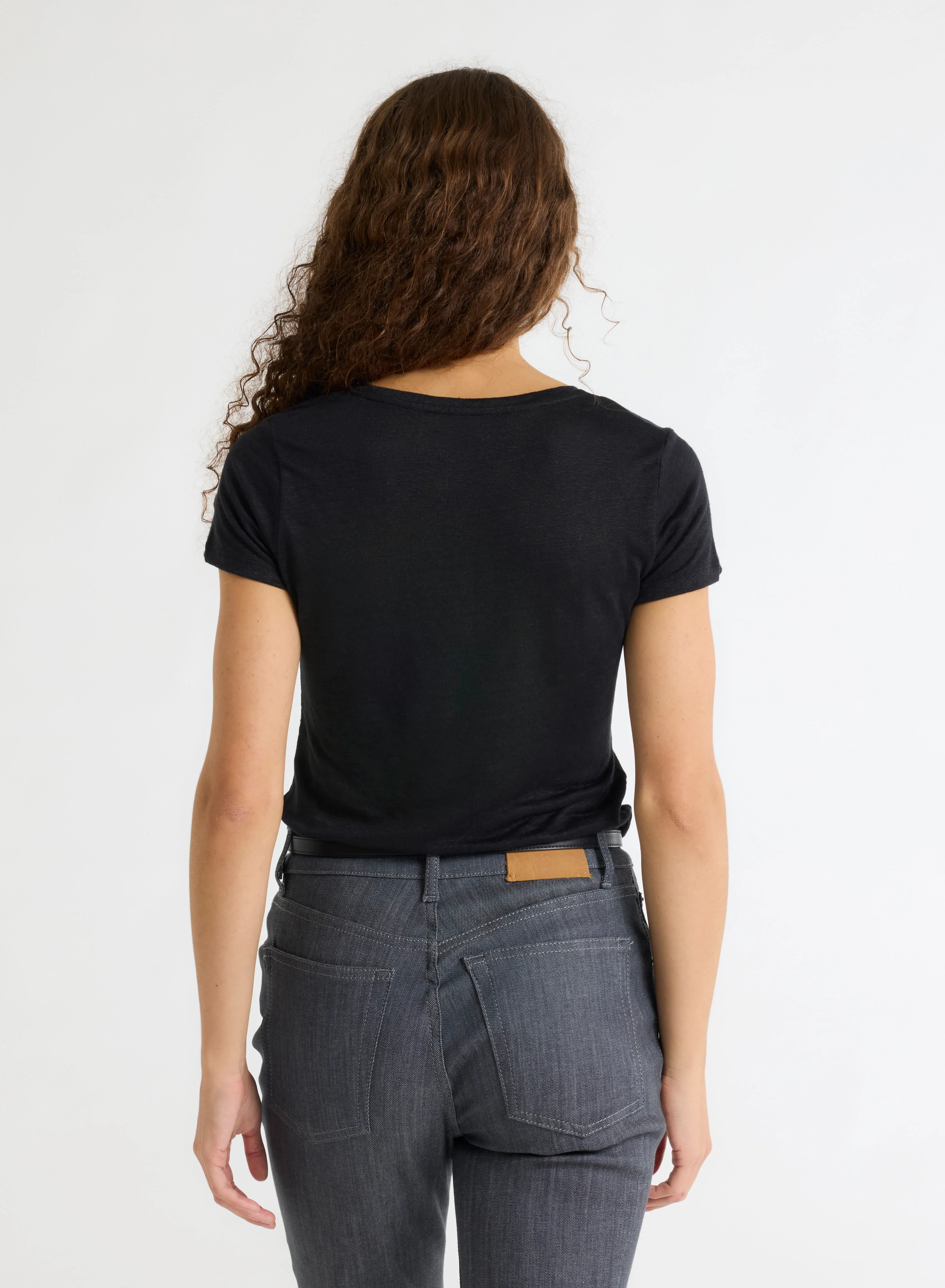 T-shirt Noir Manches Courtes Col V en Lin / Elasthanne - Image 4